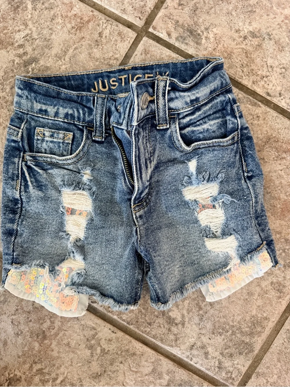 Justice Girls Sequin-Trim Distressed Denim Shorts - Blue